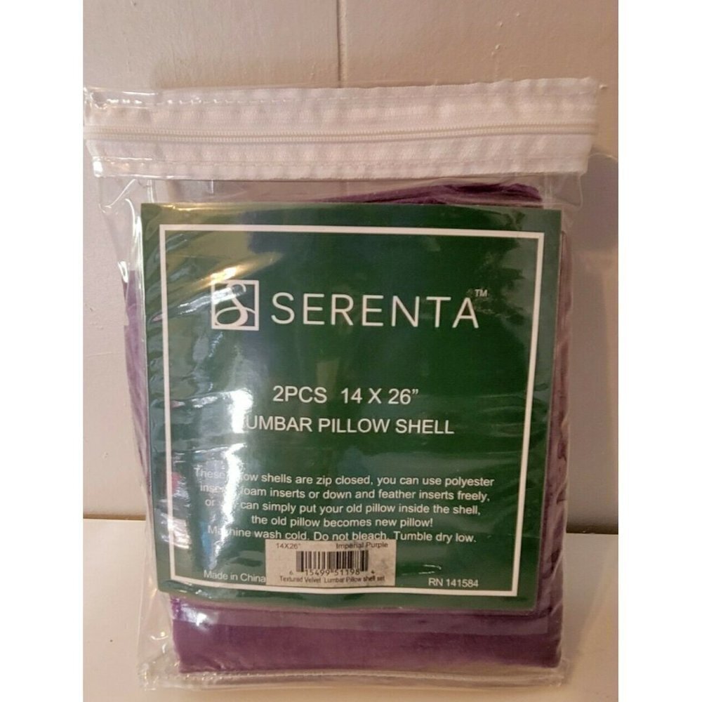 Serenta Lumbar Pillow Shell Textured Velvet‎ 2 Pc Set Purple New in Packaging